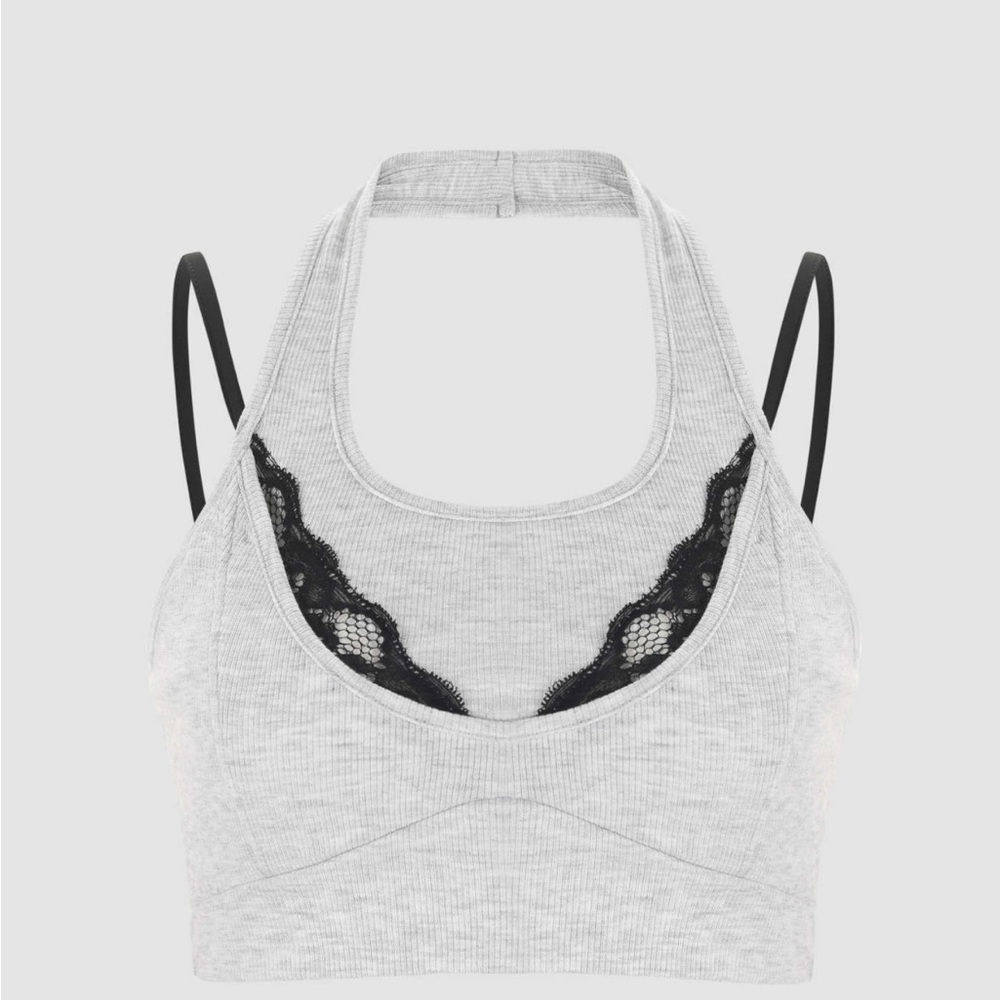 Cider -Gray ribbed Black Lace Halter Top- size Small